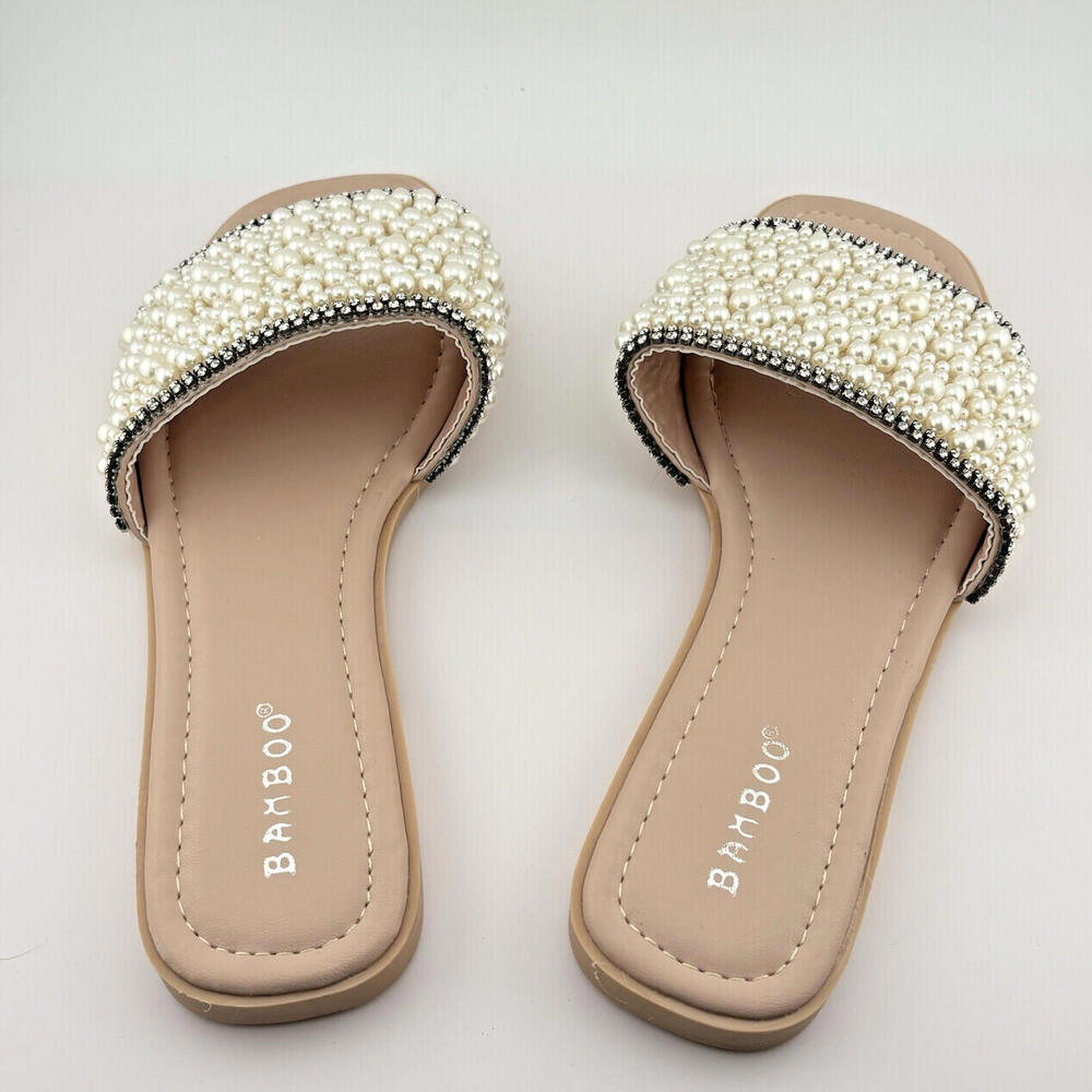 New Women's Jeweled Rhinestone Pearl Slide Flat Jelly Sandal Open Toe - Size 6.5 - Picture 3 of 10